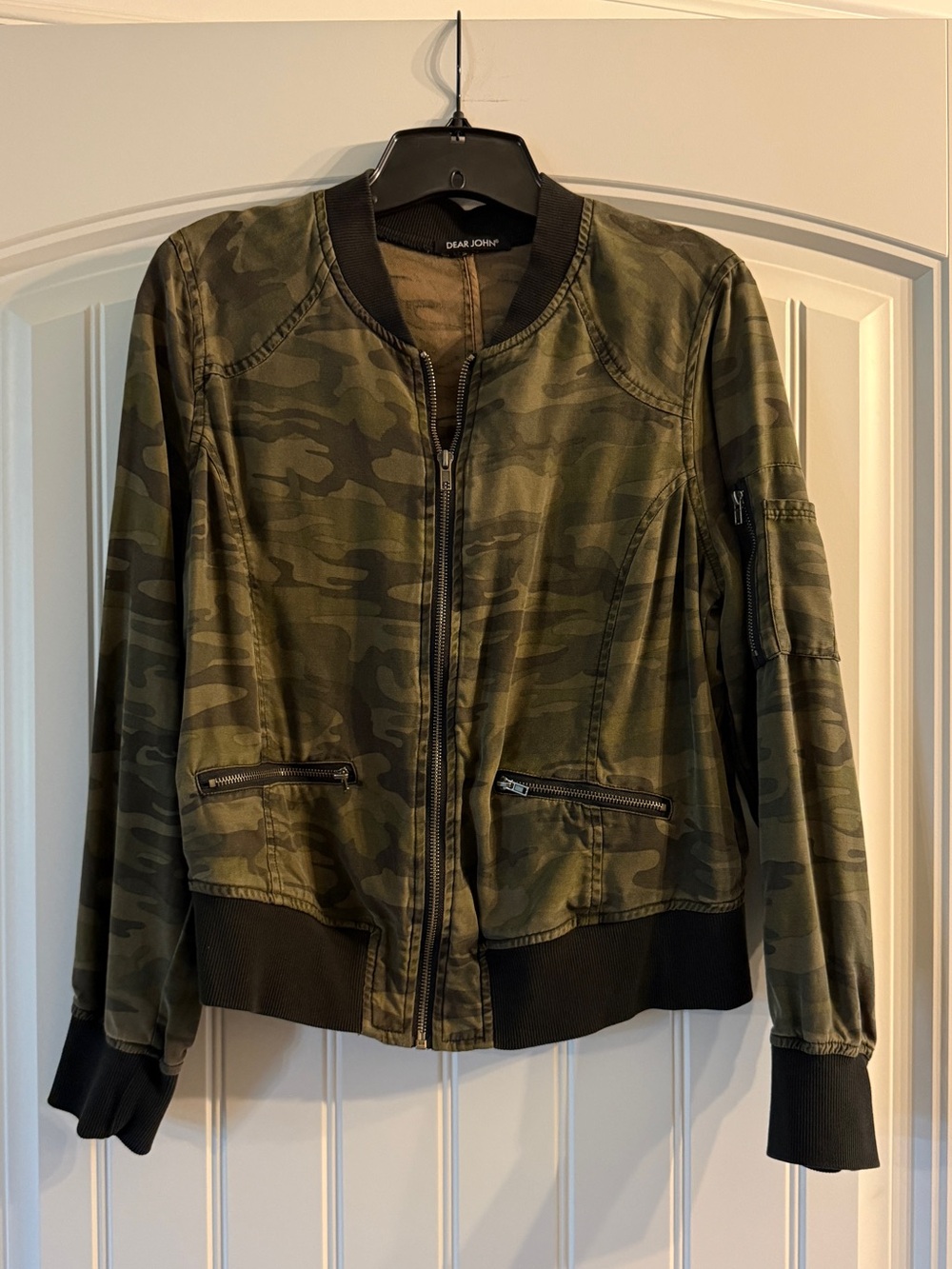Dear John Olive Camo Tencel Bomber Jacket with Ribbed Trim